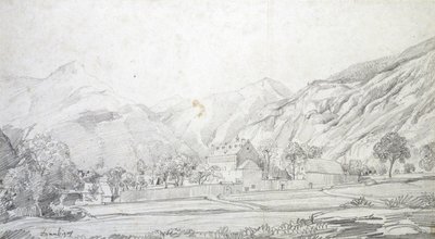 Ansicht von Gebäuden in einem ummauerten Gehege mit Bergen im Hintergrund von Charles Francois Daubigny